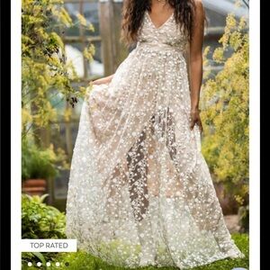 Altar’d State Floral Embroidered V-Neck Maxi Dress in Blush